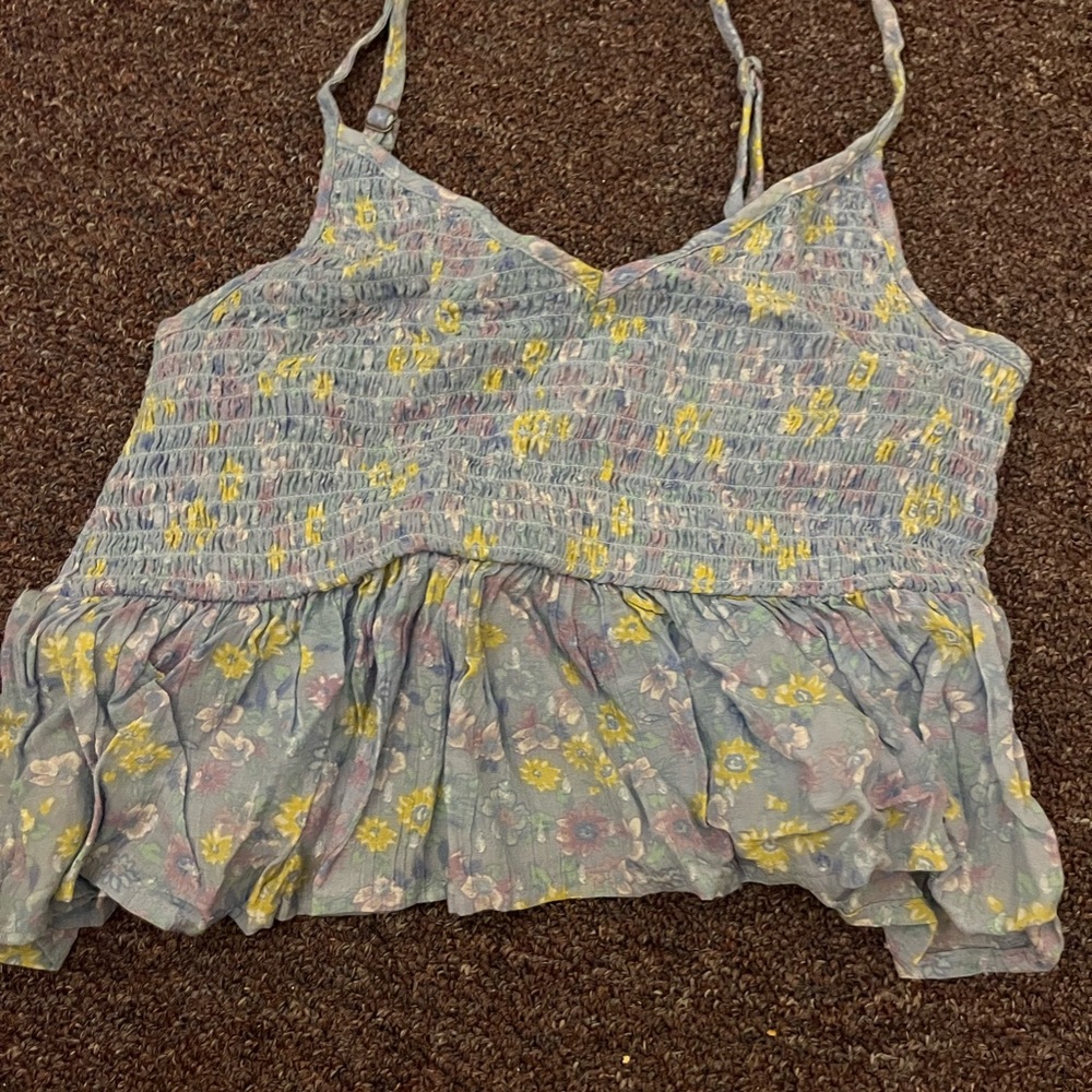 Aeropostale Blue and Yellow Floral Cropped Smock Top